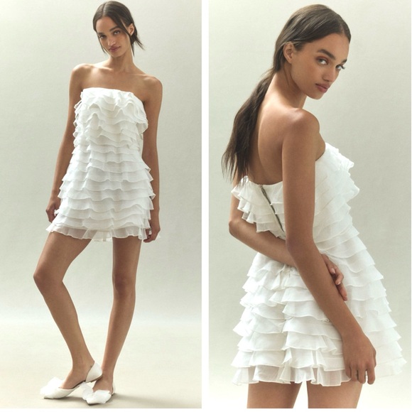 BHLDN Anthropologie Strapless A-Line Ruffled Mini Dress Size 10 White - Picture 5 of 15